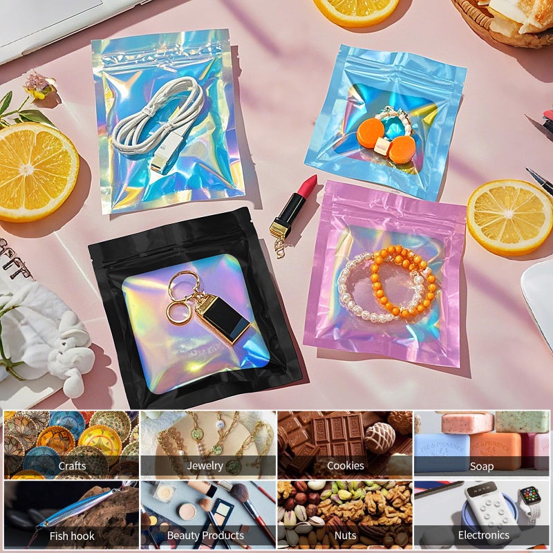 NIKUY 100 Pieces Resealable Smell Proof Bags - 3.3 x 5 Inches Foil Pouch Bagsï¼Œ Flat Clear Food Storage Bags Plastic Packaging Foil Mylar Bags for Party Favor Food Storage (Holographic Rainbow Color) - Image 4